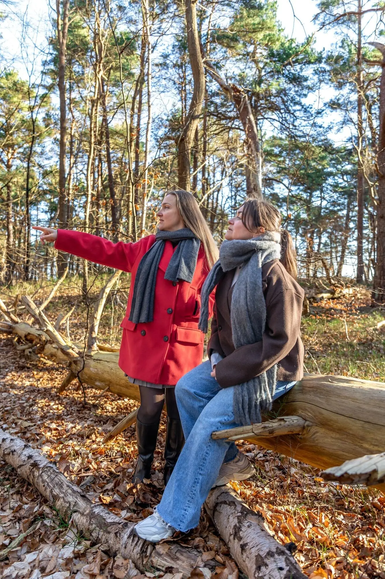 Two female friends walking through the forest, people in nature.